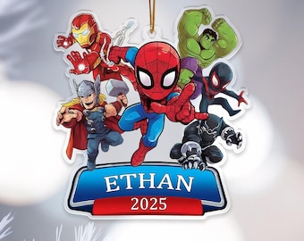 Enfeite de Natal de Super-Heróis, Enfeite Personalizado com Nome, Decoração de Árvore em Acrílico, Lembrança para Crianças, Homem-Aranha, Homem de Ferro, Hulk, Thor e Pantera Negra