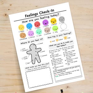 Peut inclure: Une feuille de papier blanche intitulée "Feelings Check-In" avec des illustrations colorées d'émotions. La feuille de travail comprend des invites sur les sentiments, les sensations corporelles et les stratégies d'adaptation.
