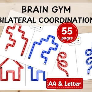 以下が含まれることがあります： 55ページのBrain Gym Bilateral Coordinationアクティビティセット。A4およびレターサイズの印刷可能なワークシートが含まれています。ページには、赤と青の幾何学的および曲線的なトレース用パスが表示されており、開始点と終了点のマーカー、および難易度を示す星印が付いています。