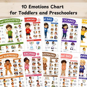 May include: A 10 Emotions Chart for Toddlers and Preschoolers educational poster set. Each sheet features a central cartoon character illustrating a specific feeling like disgusted, angry, sad, scared, happy, surprised, excited, frustrated, shy, or anxious.