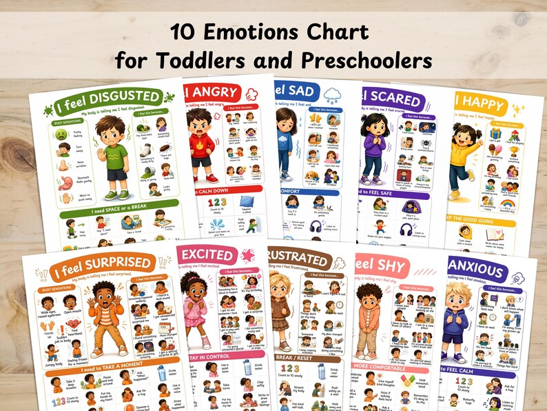 May include: A 10 Emotions Chart for Toddlers and Preschoolers educational poster set. Each sheet features a central cartoon character illustrating a specific feeling like disgusted, angry, sad, scared, happy, surprised, excited, frustrated, shy, or anxious.