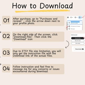 Puede incluir: Un gr&aacute;fico beige titulado "C&oacute;mo descargar" con instrucciones numeradas para descargar archivos en Etsy. Los pasos gu&iacute;an a los usuarios a trav&eacute;s del proceso, incluyendo hacer clic en "Descargar archivos" y el icono "Descargar". Se incluyen capturas de pantalla de la interfaz de Etsy.