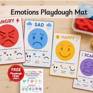 May include: An Emotions Playdough Mat set featuring four rectangular cards with red, blue, yellow, and purple faces representing angry, sad, happy, and scared expressions. Includes a clear container with red and blue playdough and a separate recipe chart.