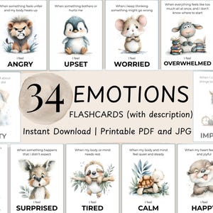 Puede incluir: Juego de 34 tarjetas de emociones con ilustraciones de animales, cada una representando un sentimiento diferente. Las tarjetas incluyen texto como "Me siento enfadado", "Me siento molesto" y "Me siento feliz". Tambi&eacute;n se ve el texto "34 EMOTIONS FLASHCARDS".