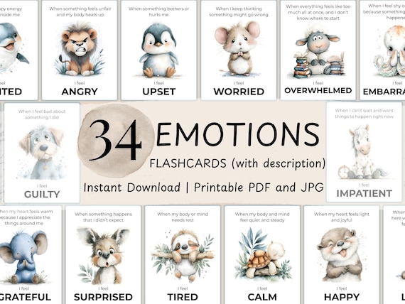 Watercolor Animals Emotions Flashcards Toddler Activities Feelings Card Kids Calming Corner Tool Kit Emotional Regulation Cards Calm Down