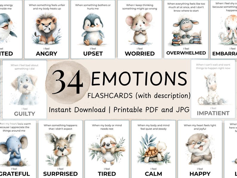 Puede incluir: Juego de 34 tarjetas de emociones con ilustraciones de animales, cada una representando un sentimiento diferente. Las tarjetas incluyen texto como "Me siento enfadado", "Me siento molesto" y "Me siento feliz". Tambi&eacute;n se ve el texto "34 EMOTIONS FLASHCARDS".
