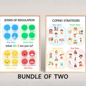 Può includere: Due poster didattici incorniciati. Uno intitolato "Zone di Regolazione" con illustrazioni di emozioni in zone blu, verdi, gialle e rosse. L'altro, "Strategie di Coping", offre ausili visivi per ogni zona. Testo: "PACCHETTO DI DUE."