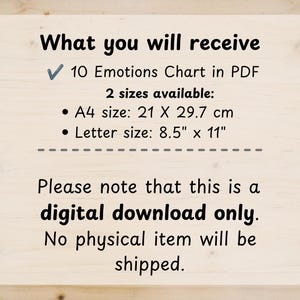 May include: A digital download information sheet titled What you will receive, listing a 10 Emotions Chart in PDF format. It specifies two sizes: A4 size at 21 x 29.7 cm and Letter size at 8.5 inches x 11 inches. It states this is a digital download only.