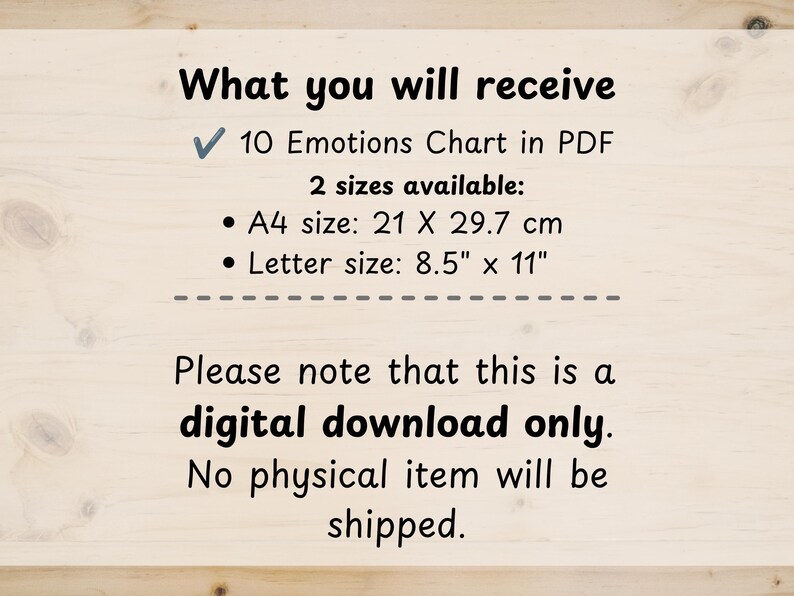 May include: A digital download information sheet titled What you will receive, listing a 10 Emotions Chart in PDF format. It specifies two sizes: A4 size at 21 x 29.7 cm and Letter size at 8.5 inches x 11 inches. It states this is a digital download only.