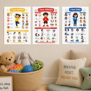 May include: Three educational wall posters titled I feel HAPPY, I feel ANGRY, and I feel SAD. Each poster features a central character, various emotion-related icons, and text sections detailing physical sensations and coping strategies for children.