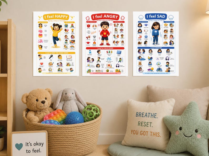 May include: Three educational wall posters titled I feel HAPPY, I feel ANGRY, and I feel SAD. Each poster features a central character, various emotion-related icons, and text sections detailing physical sensations and coping strategies for children.
