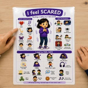 May include: A laminated educational chart titled I feel SCARED featuring a central illustration of a child surrounded by icons depicting body sensations like a fast heart and butterflies in the tummy, plus coping strategies to feel safe.