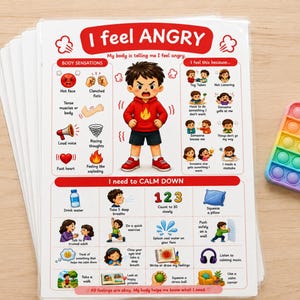 May include: A laminated educational chart titled I feel ANGRY featuring a central illustration of a child with a red hoodie, surrounded by icons depicting body sensations, triggers, and calming techniques, accompanied by a rainbow-colored square pop-it toy.