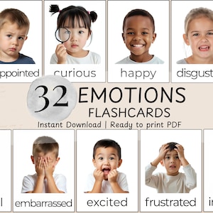 Puede incluir: Un conjunto de 32 tarjetas de emociones con niños expresando diferentes sentimientos. Cada tarjeta muestra la cara de un niño con una etiqueta de emoción correspondiente, como "decepcionado", "curioso" y "feliz". Descarga instantánea y listo para imprimir.