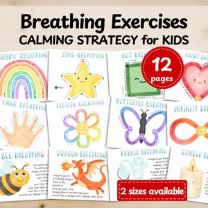 Peut inclure: Un ensemble de 12 pages imprimables intitulées Breathing Exercises CALMING STRATEGY for KIDS. Les cartes présentent des illustrations à l'aquarelle dont un arc-en-ciel, une étoile, un cœur, une main, une fleur, un papillon, un symbole infini, une abeille, un dragon, des bulles et une bougie.