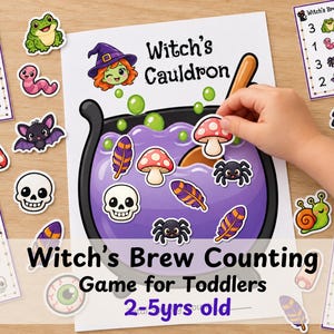 May include: A Witch's Cauldron counting game for toddlers featuring a large black pot filled with purple liquid, green bubbles, and various cut-out pieces including mushrooms, skulls, spiders, feathers, and eyes, with matching Witch's Brew cards.