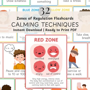 May include: A set of 32 Zones of Regulation flashcards with calming techniques, ready to print. The cards feature illustrations and text, including "Red Zone" with emotions like terrified and angry. The cards are designed for instant download.