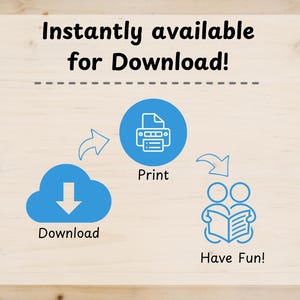 May include: A digital instruction graphic with the text Instantly available for Download! featuring three blue icons connected by arrows: a cloud with a downward arrow labeled Download, a printer labeled Print, and two people reading labeled Have Fun!