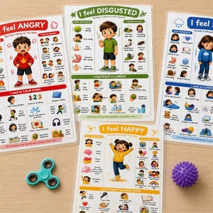 May include: Four educational posters titled I feel ANGRY, I feel DISGUSTED, I feel SAD, and I feel HAPPY, each featuring cartoon illustrations of children, body sensation icons, and coping strategies. A teal fidget spinner and a purple spiky ball.