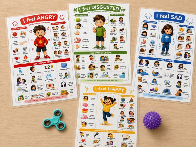 May include: Four educational posters titled I feel ANGRY, I feel DISGUSTED, I feel SAD, and I feel HAPPY, each featuring cartoon illustrations of children, body sensation icons, and coping strategies. A teal fidget spinner and a purple spiky ball.