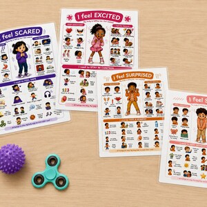 May include: Four laminated educational posters titled I feel SCARED, I feel EXCITED, I feel SURPRISED, and I feel SHY, each featuring a central character and various icons. A purple spiky sensory ball and a teal three-pronged fidget spinner are included.