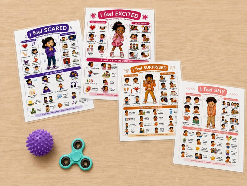 May include: Four laminated educational posters titled I feel SCARED, I feel EXCITED, I feel SURPRISED, and I feel SHY, each featuring a central character and various icons. A purple spiky sensory ball and a teal three-pronged fidget spinner are included.