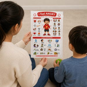 May include: A laminated educational poster titled I feel ANGRY, featuring a central illustration of an angry child in a red hoodie. The poster includes sections for body sensations, feeling triggers, and calming strategies with icons and text.