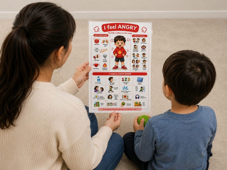 May include: A laminated educational poster titled I feel ANGRY, featuring a central illustration of an angry child in a red hoodie. The poster includes sections for body sensations, feeling triggers, and calming strategies with icons and text.