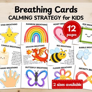 Puede incluir: Un conjunto de 12 tarjetas de respiración imprimibles para niños con estrategias de calma. Cada tarjeta muestra una ilustración única como una estrella, arcoíris, corazón, caja, vela, dragón, abeja, burbuja, mano, mariposa, flor e infinito.