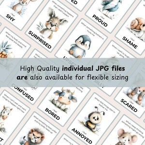 Puede incluir: Un conjunto de tarjetas de memoria de emociones en acuarela con adorables ilustraciones de animales. Cada tarjeta muestra una emoci&oacute;n como "T&iacute;mido", "Sorprendido" o "Triste", junto con una breve descripci&oacute;n. El texto "High Quality individual JPG files are also available for flexible sizing" tambi&eacute;n es visible.