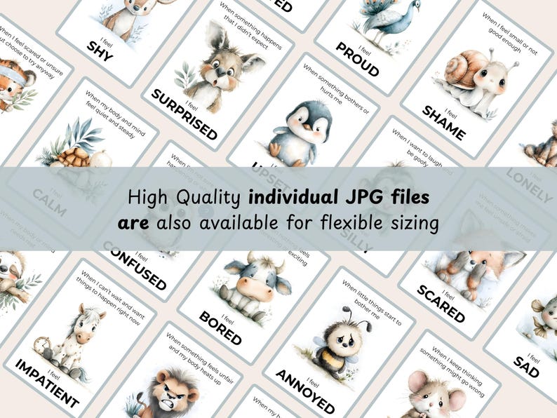 Puede incluir: Un conjunto de tarjetas de memoria de emociones en acuarela con adorables ilustraciones de animales. Cada tarjeta muestra una emoci&oacute;n como "T&iacute;mido", "Sorprendido" o "Triste", junto con una breve descripci&oacute;n. El texto "High Quality individual JPG files are also available for flexible sizing" tambi&eacute;n es visible.
