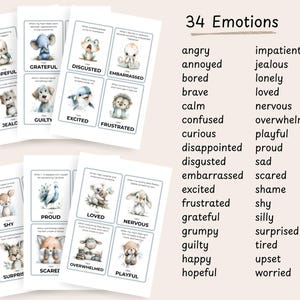 Puede incluir: Tarjetas de emociones con ilustraciones de animales, con palabras como &laquo;agradecido&raquo;, &laquo;emocionado&raquo; y &laquo;nervioso&raquo;. Tambi&eacute;n se muestra una lista de 34 emociones. Ideal para el aprendizaje y la identificaci&oacute;n de sentimientos.