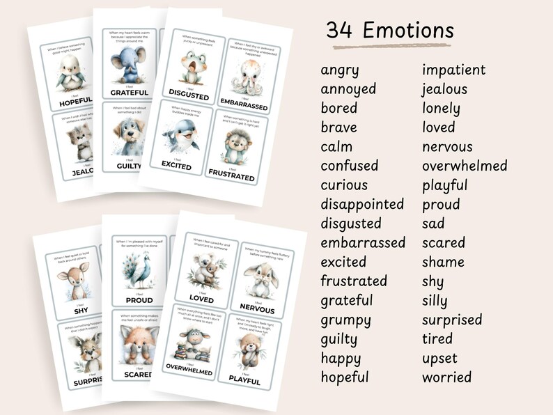 Puede incluir: Tarjetas de emociones con ilustraciones de animales, con palabras como &laquo;agradecido&raquo;, &laquo;emocionado&raquo; y &laquo;nervioso&raquo;. Tambi&eacute;n se muestra una lista de 34 emociones. Ideal para el aprendizaje y la identificaci&oacute;n de sentimientos.