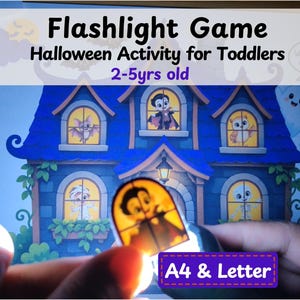 May include: A Flashlight Game Halloween Activity for Toddlers 2-5yrs old printable featuring a blue haunted house illustration with characters in windows. A handheld light illuminates a vampire cutout. Includes A4 & Letter size text.