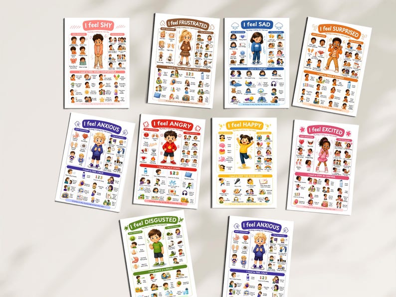 May include: A collection of ten educational posters featuring illustrated children expressing various emotions including shy, frustrated, sad, surprised, anxious, angry, happy, excited, and disgusted, with accompanying coping strategies and icons.
