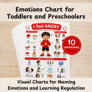 May include: A stack of educational charts titled Emotions Chart for Toddlers and Preschoolers. The top chart features the text I feel ANGRY, a central illustration of an angry child, body sensation icons, and a section titled I need to CALM DOWN.