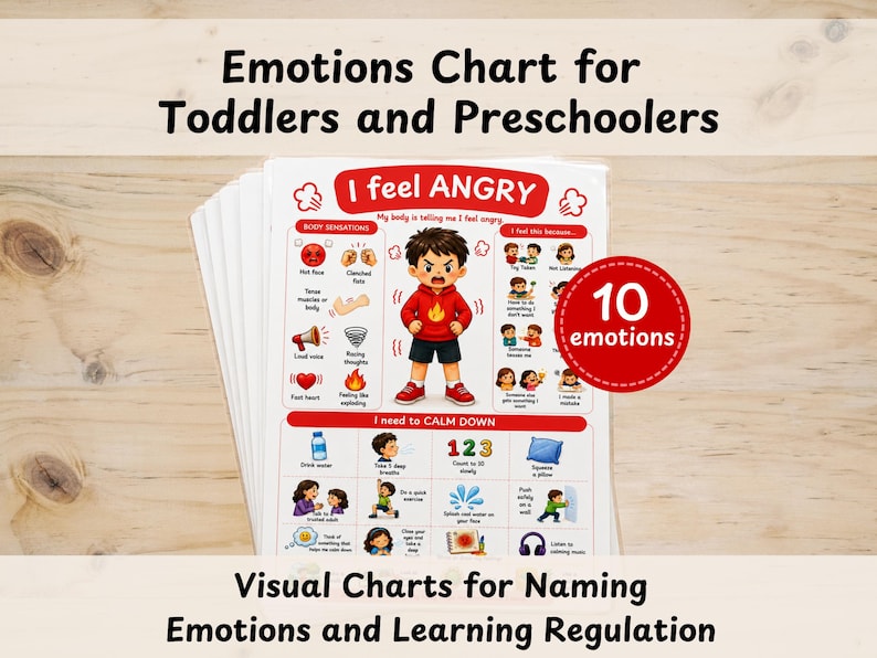 May include: A stack of educational charts titled Emotions Chart for Toddlers and Preschoolers. The top chart features the text I feel ANGRY, a central illustration of an angry child, body sensation icons, and a section titled I need to CALM DOWN.