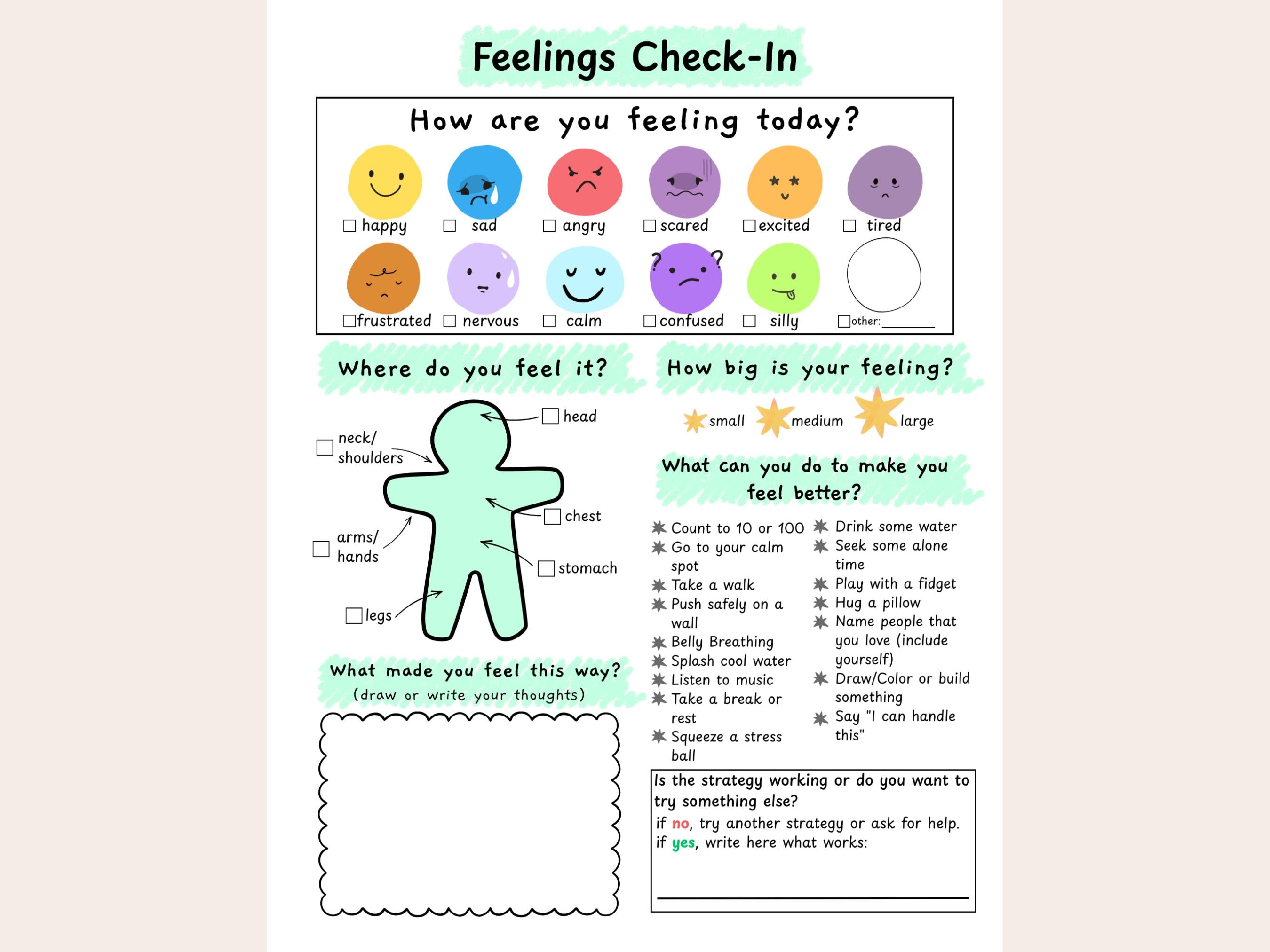 Feelings Check-in Worksheet Printable Emotion Chart for Kids Emotional ...