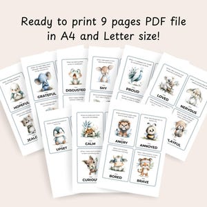Puede incluir: Un conjunto de tarjetas de emociones imprimibles con ilustraciones de animales en acuarela. Cada tarjeta muestra una emoci&oacute;n como "Agradecido", "Disgustado" o "Orgulloso". El texto "Ready to print 9 pages PDF file in A4 and Letter size!" est&aacute; en la parte superior.