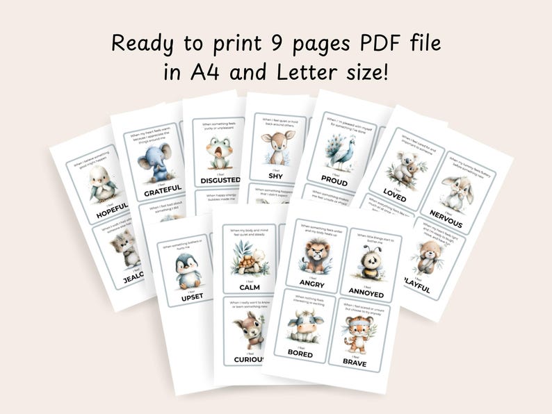 Puede incluir: Un conjunto de tarjetas de emociones imprimibles con ilustraciones de animales en acuarela. Cada tarjeta muestra una emoci&oacute;n como "Agradecido", "Disgustado" o "Orgulloso". El texto "Ready to print 9 pages PDF file in A4 and Letter size!" est&aacute; en la parte superior.
