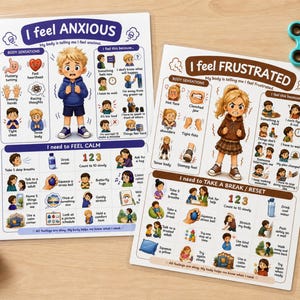 May include: Two educational posters titled I feel ANXIOUS and I feel FRUSTRATED, featuring illustrations of children, body sensation icons, and coping strategies. A teal fidget spinner and a purple spiky sensory ball are placed nearby.
