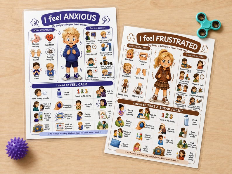 May include: Two educational posters titled I feel ANXIOUS and I feel FRUSTRATED, featuring illustrations of children, body sensation icons, and coping strategies. A teal fidget spinner and a purple spiky sensory ball are placed nearby.