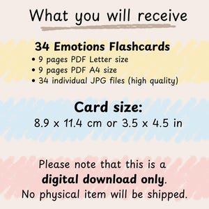 Puede incluir: Detalles de descarga digital: 34 tarjetas de emociones, 9 p&aacute;ginas PDF tama&ntilde;o carta, 9 p&aacute;ginas PDF tama&ntilde;o A4 y 34 archivos JPG individuales. Tama&ntilde;o de la tarjeta: 8,9 x 11,4 cm. Solo descarga digital.