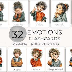 Puede incluir: Un conjunto de 32 tarjetas didácticas de emociones con ilustraciones en acuarela de niños que expresan diversos sentimientos. Cada tarjeta muestra una emoción diferente, como feliz, preocupado, orgulloso y tranquilo. El texto "EMOTIONS FLASHCARDS" también es visible.