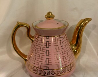 Vintage Hall Tricolator Pink Teapot China Ceramic Farmhouse Kitchen Cottage Chic Decor Small Display Prop