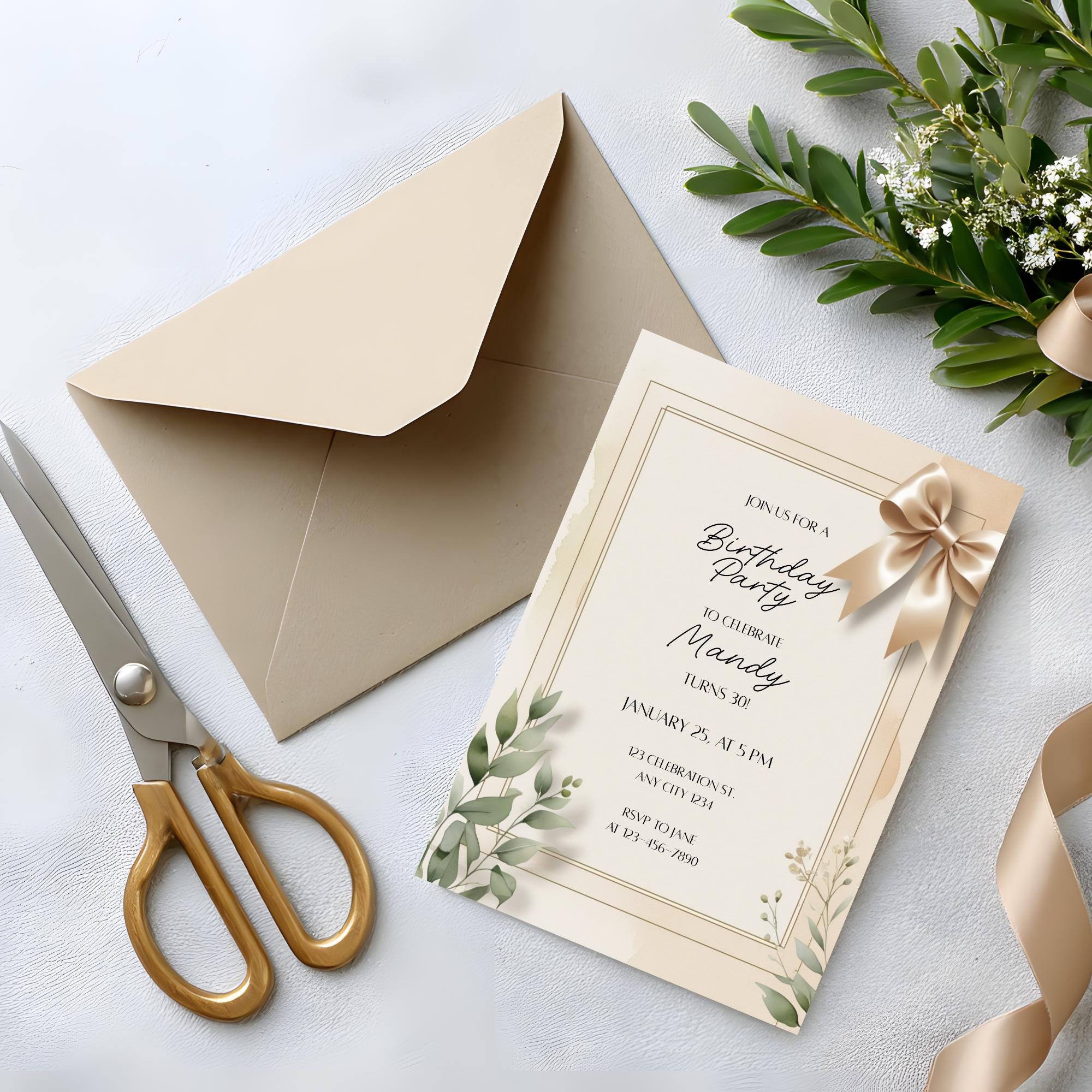 Invitation Beight Pattern Beige Bow Birthday Invitation Template | Elegant Neutral Birthday Party ...