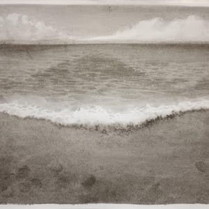 May include: Monochromatic artwork depicting a seascape. The image shows a wave breaking on a beach, with the ocean and sky above. The artwork is done in shades of gray and white, creating a serene and calming effect.