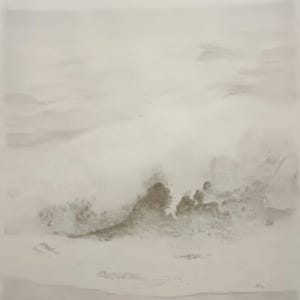 May include: Monochromatic watercolor painting of a seascape. The artwork depicts a wave crashing against a rocky shore, with soft, diffused light and a muted color palette of grays and browns. The overall effect is atmospheric.