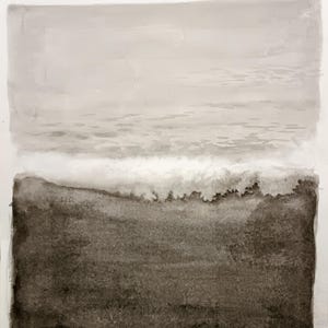 May include: Abstract watercolor painting in shades of gray and brown. The top portion depicts a light gray sky, transitioning to a darker gray horizon line. The bottom section is a darker brown, suggesting a landscape.
