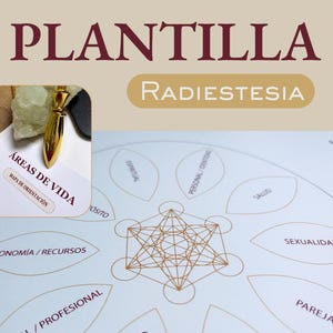 Puede incluir: Una plantilla de radiestesia titulada PLANTILLA RADIESTESIA con un patrón geométrico central rodeado de secciones en forma de pétalo etiquetadas. Un recuadro muestra un péndulo de metal dorado sobre un papel con el texto ÁREAS DE VIDA.